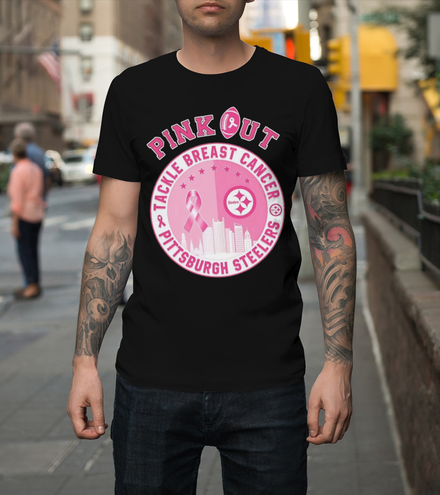 Pink Out Tackle Breast Cancer Pittsburgh Steelers Ribbon Awareness T-Shirt