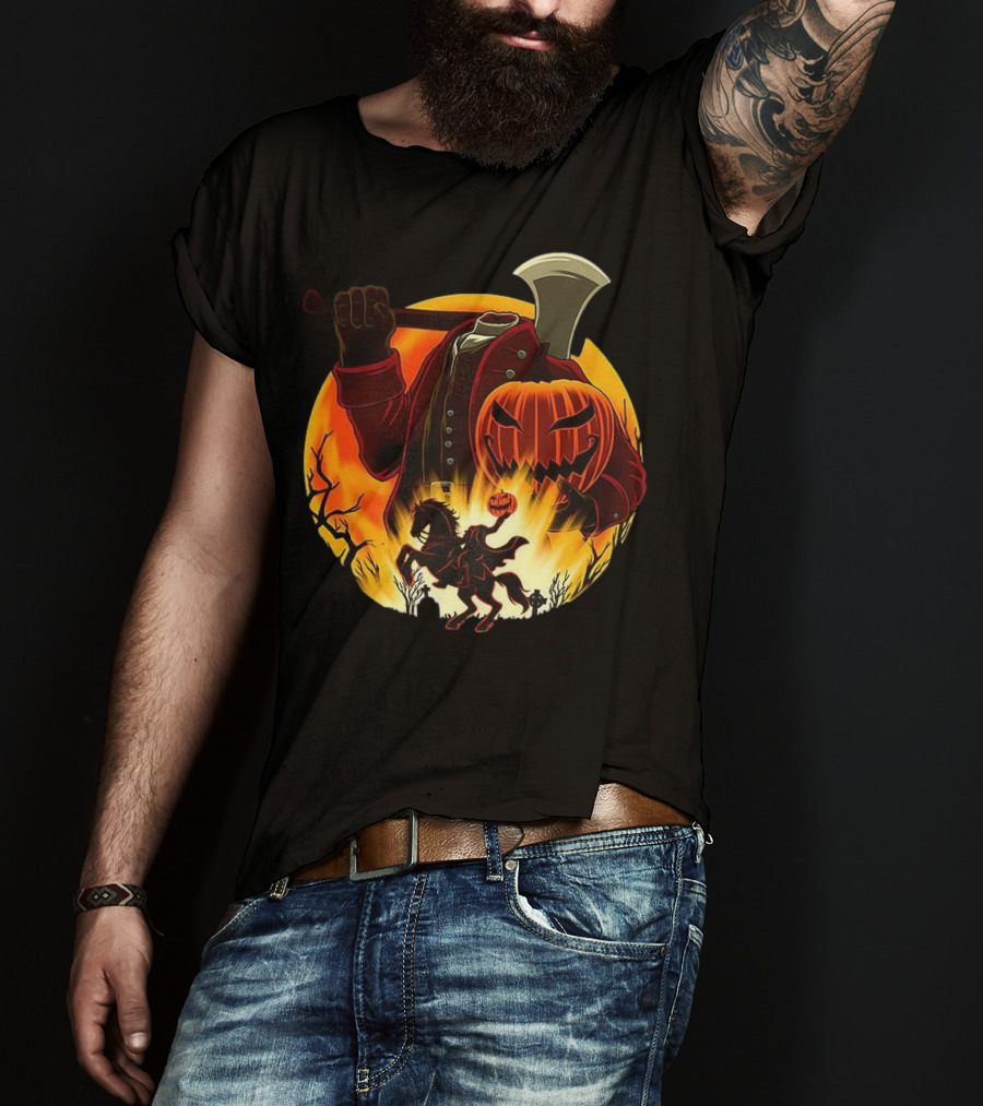 Headless Horseman Galloping Hessian Pumpkin Halloween Axe Rider T-Shirt