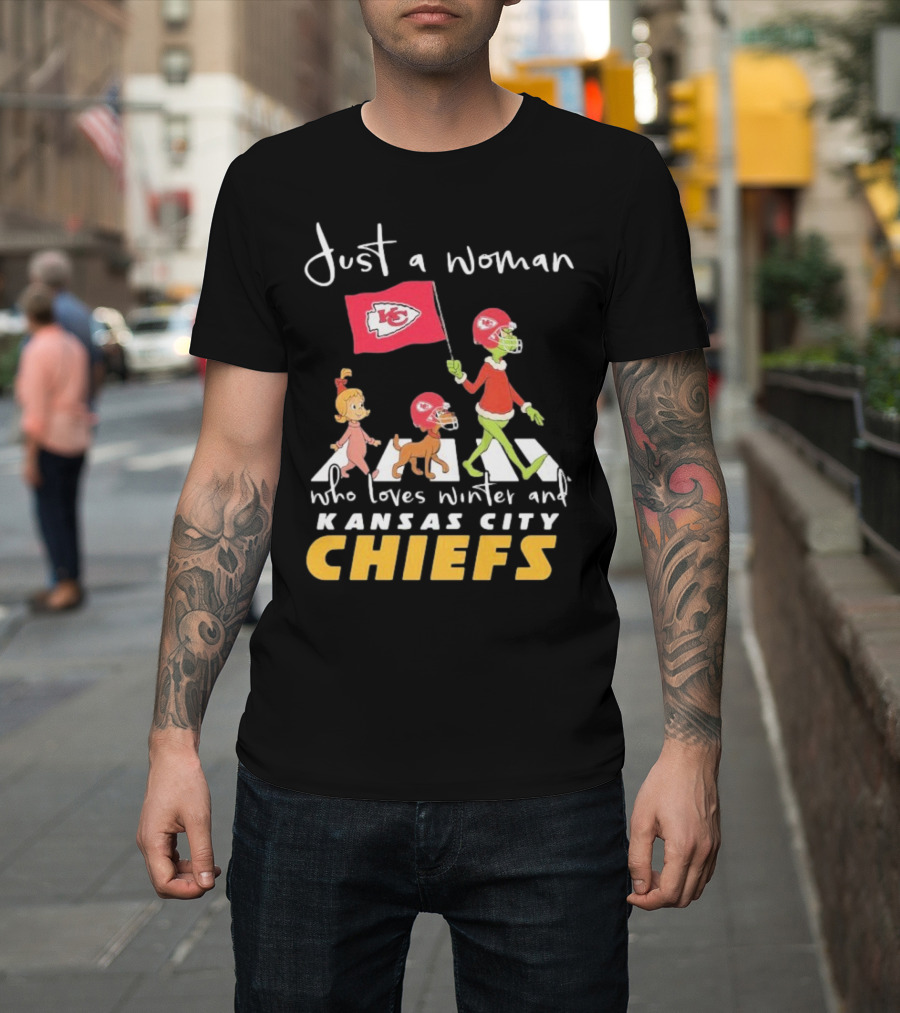 Just A Woman Who Loves Winter And Kansas City Chiefs Abbey Road T-Shirt