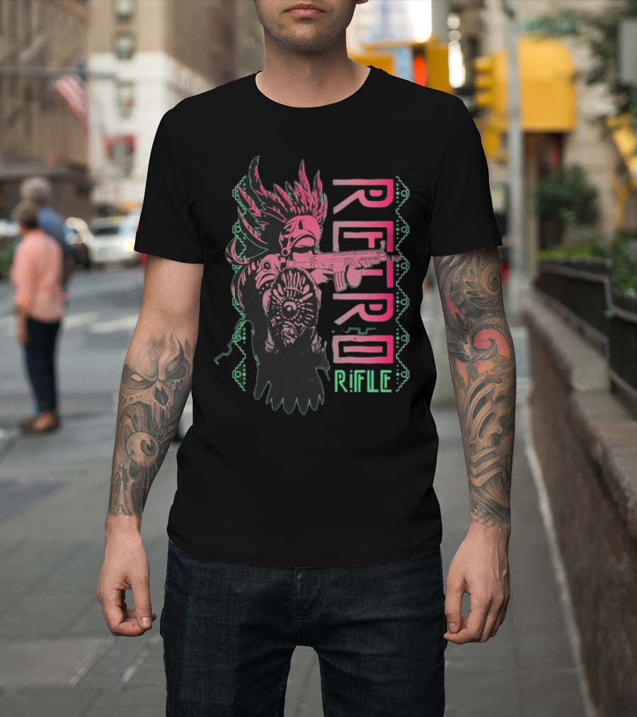 Retro Rifle Aztec Warrior Art Green Pink Feather Pattern T-Shirt