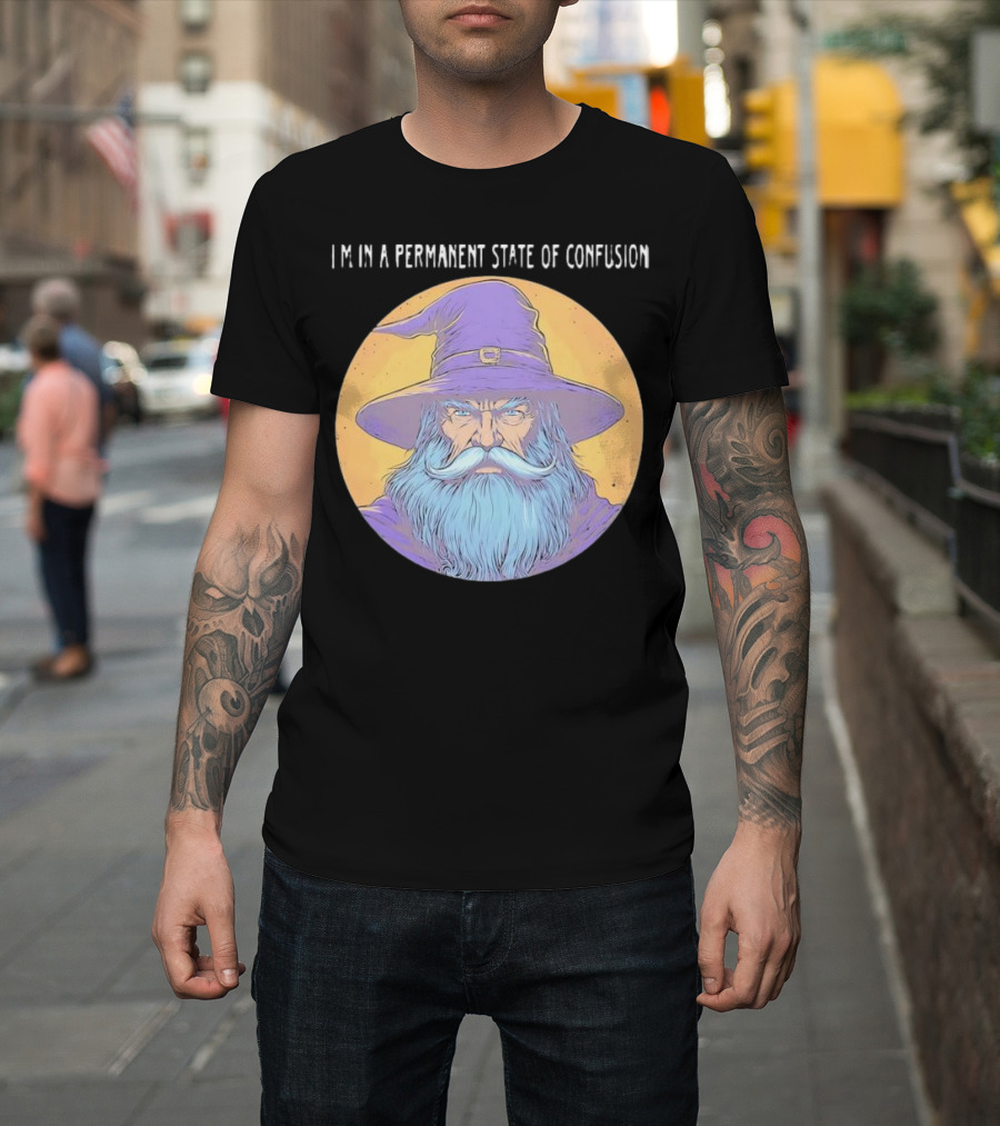Wizard Magic I'm In A Permanent State Of Confusion Purple Hat Mystic Illustration T-Shirt
