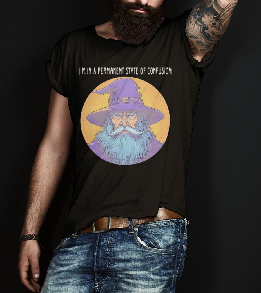 Wizard Magic I'm In A Permanent State Of Confusion Purple Hat Mystic Illustration T-Shirt