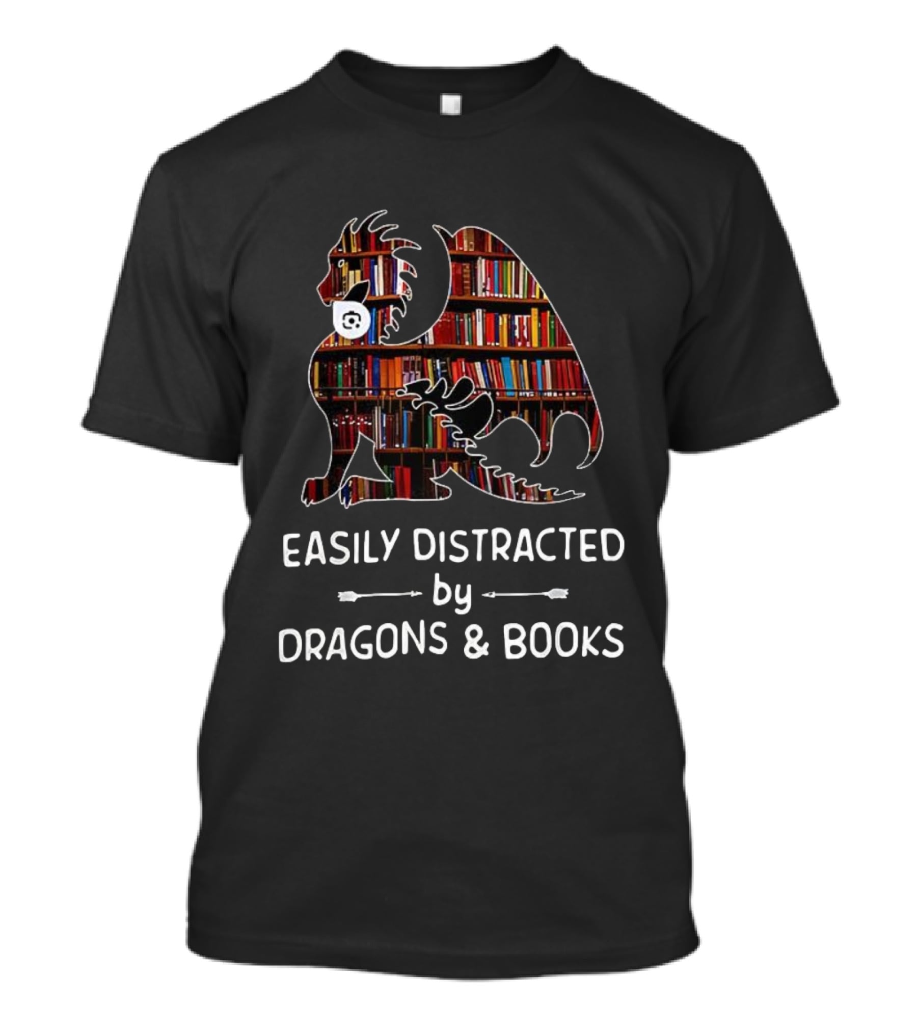 Easily Distracted By Dragons & Books Library Collage T-Shirt