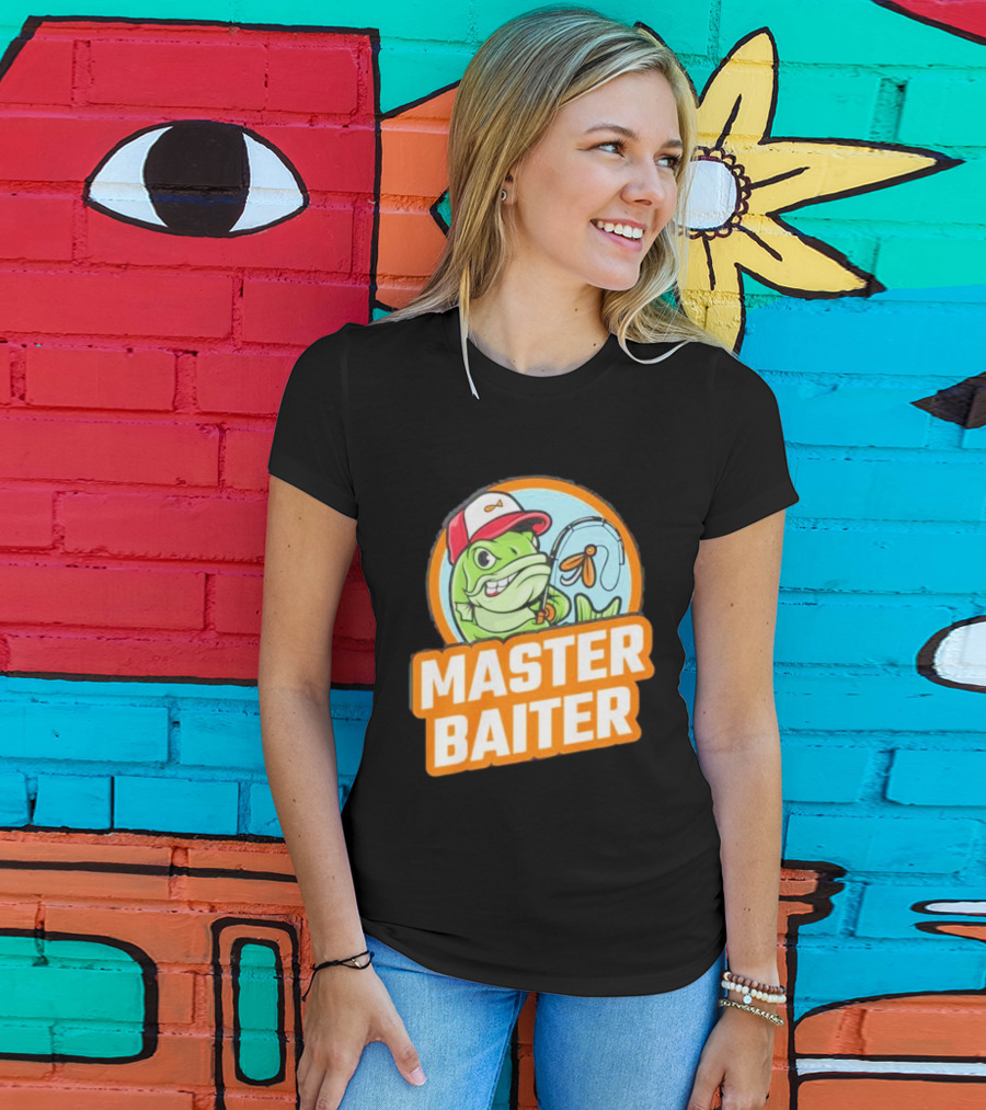 Master Baiter Fishing Cartoon Fish With Red Cap And Fishing Rod T-Shirt