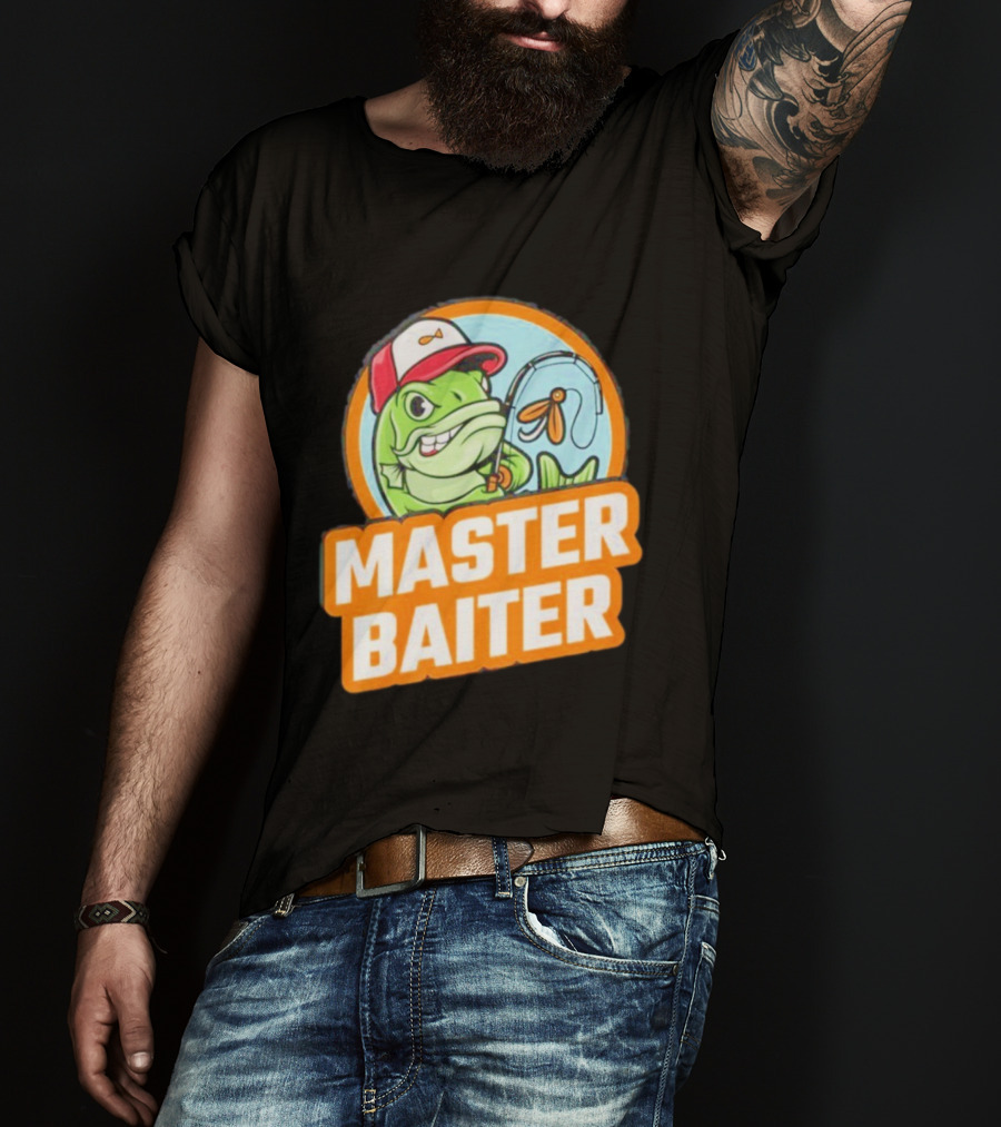 Master Baiter Fishing Cartoon Fish With Red Cap And Fishing Rod T-Shirt