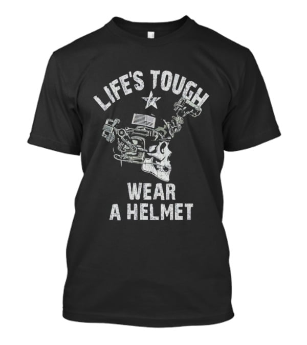 Life's Tough Wear A Helmet Skull Graphic With Mechanical Elements T-Shirt