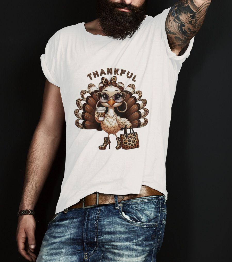 Thankful Leopard Print Turkey Coffee Lover Fashionista T-Shirt