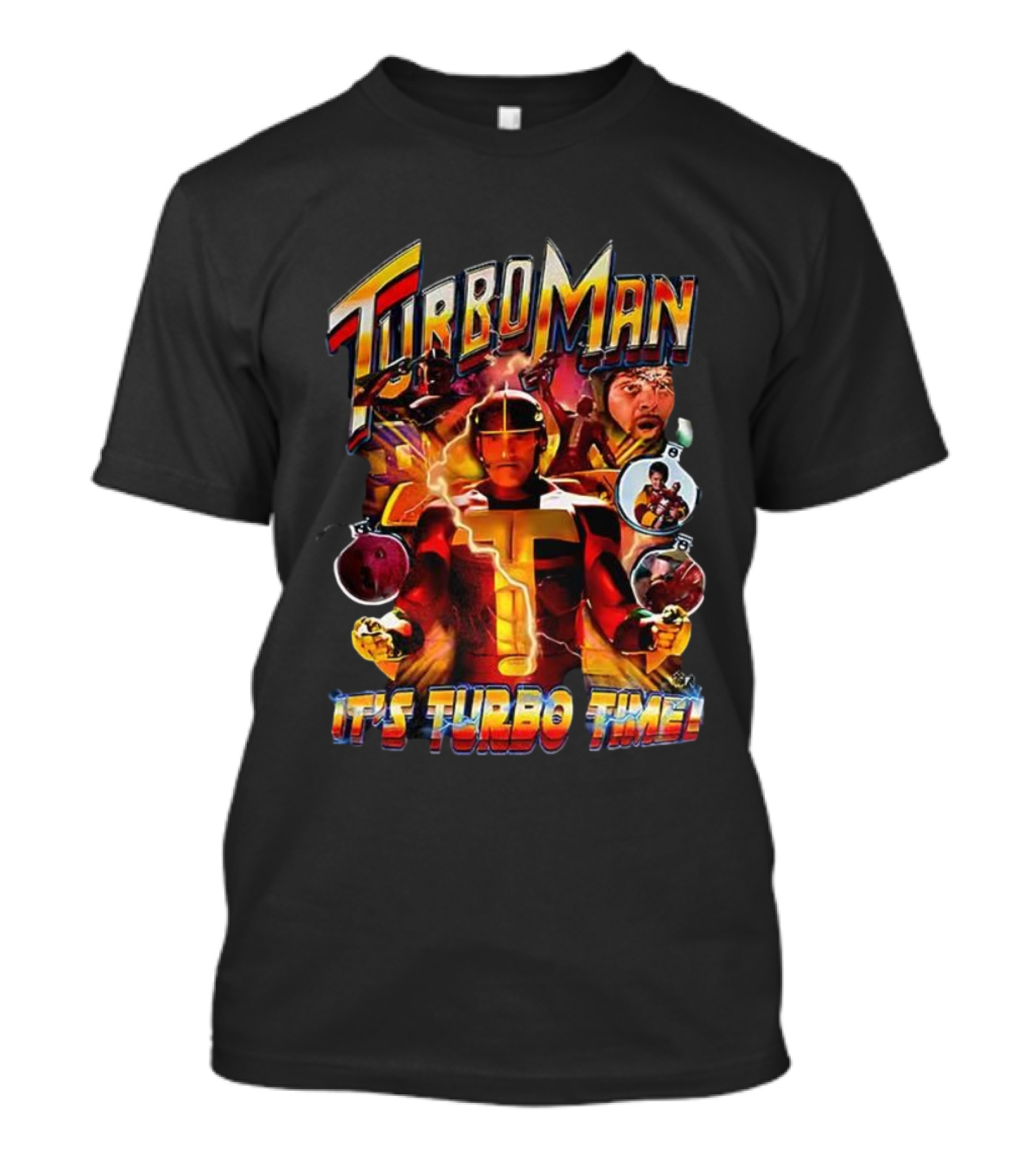 Turbo Man It's Turbo Time Christmas Bauble Lightning Hero Scene T-Shirt
