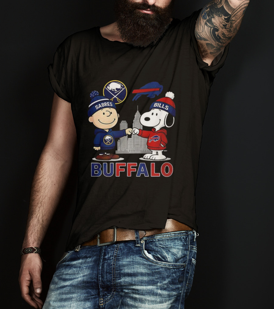 Charlie Brown Snoopy Buffalo Sabres Bills Skyline Fist Bump T-Shirt