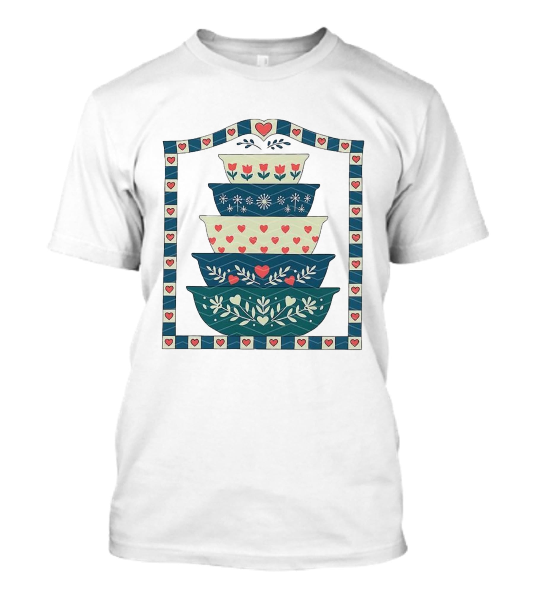 Granny’s Pyrex Stacked Bowls Heart Tulips Classic Vintage Pattern T-Shirt