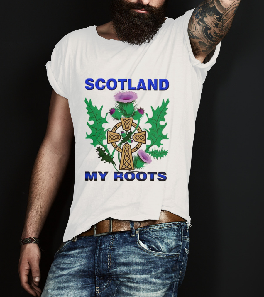 Scotland My Roots Celtic Cross Purple Thistle Heritage T-Shirt