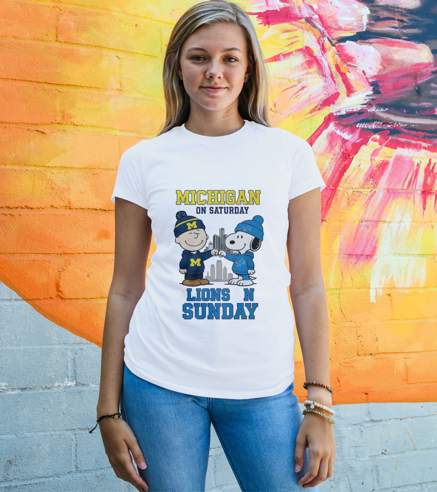 Michigan Wolverines On Saturday Charlie Brown And Snoopy Lions On Sunday T-Shirt