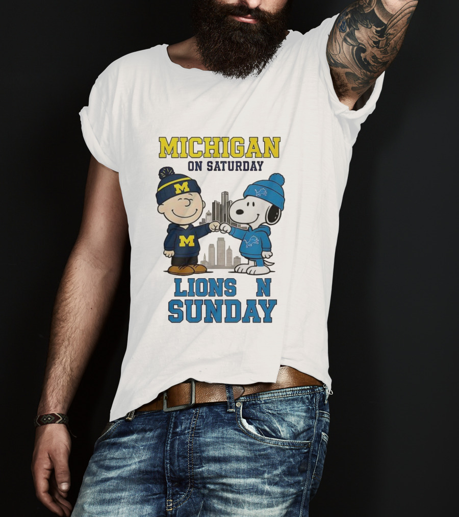 Michigan Wolverines On Saturday Charlie Brown And Snoopy Lions On Sunday T-Shirt