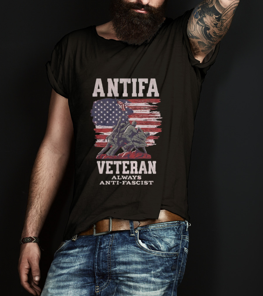Antifa Veteran Always Anti-Fascist American Flag Iwo Jima Scene T-Shirt
