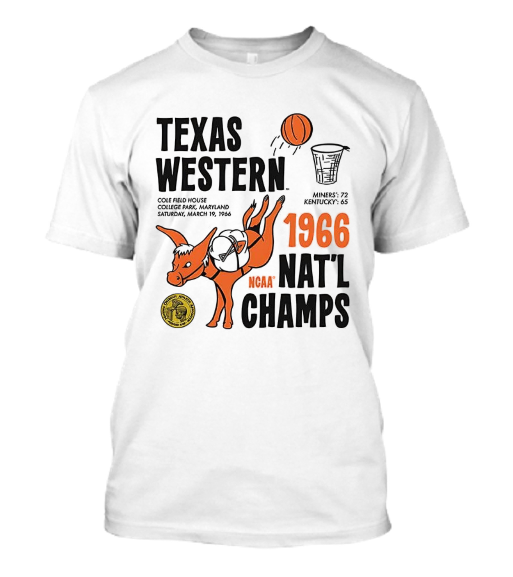 Texas Western 1966 NCAA Nat'l Champs Defeat Kentucky Miners 72-65 T-Shirt