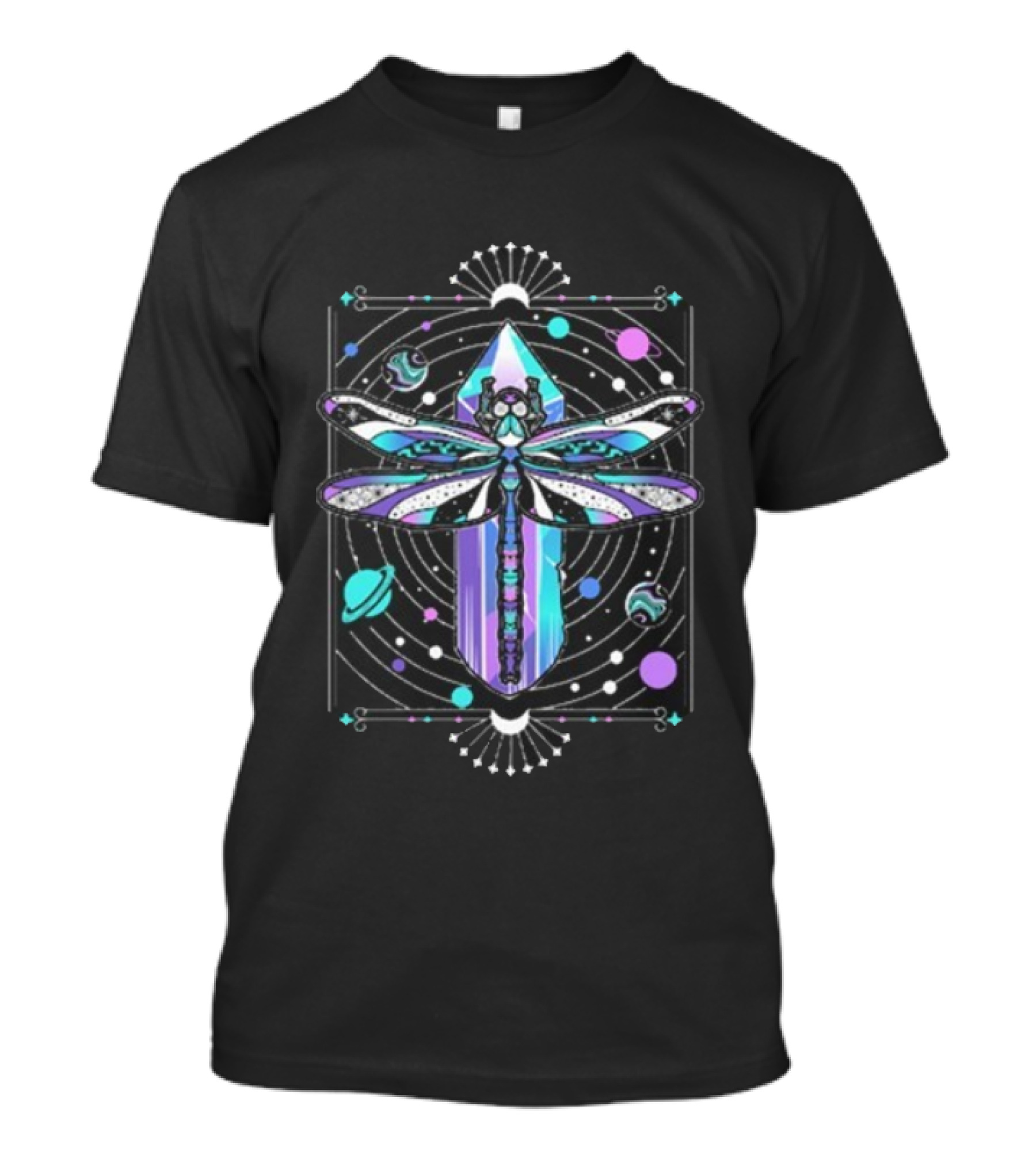 Inzo Soft Landing Psychedelic Dragonfly Crystal Space Planets T-Shirt