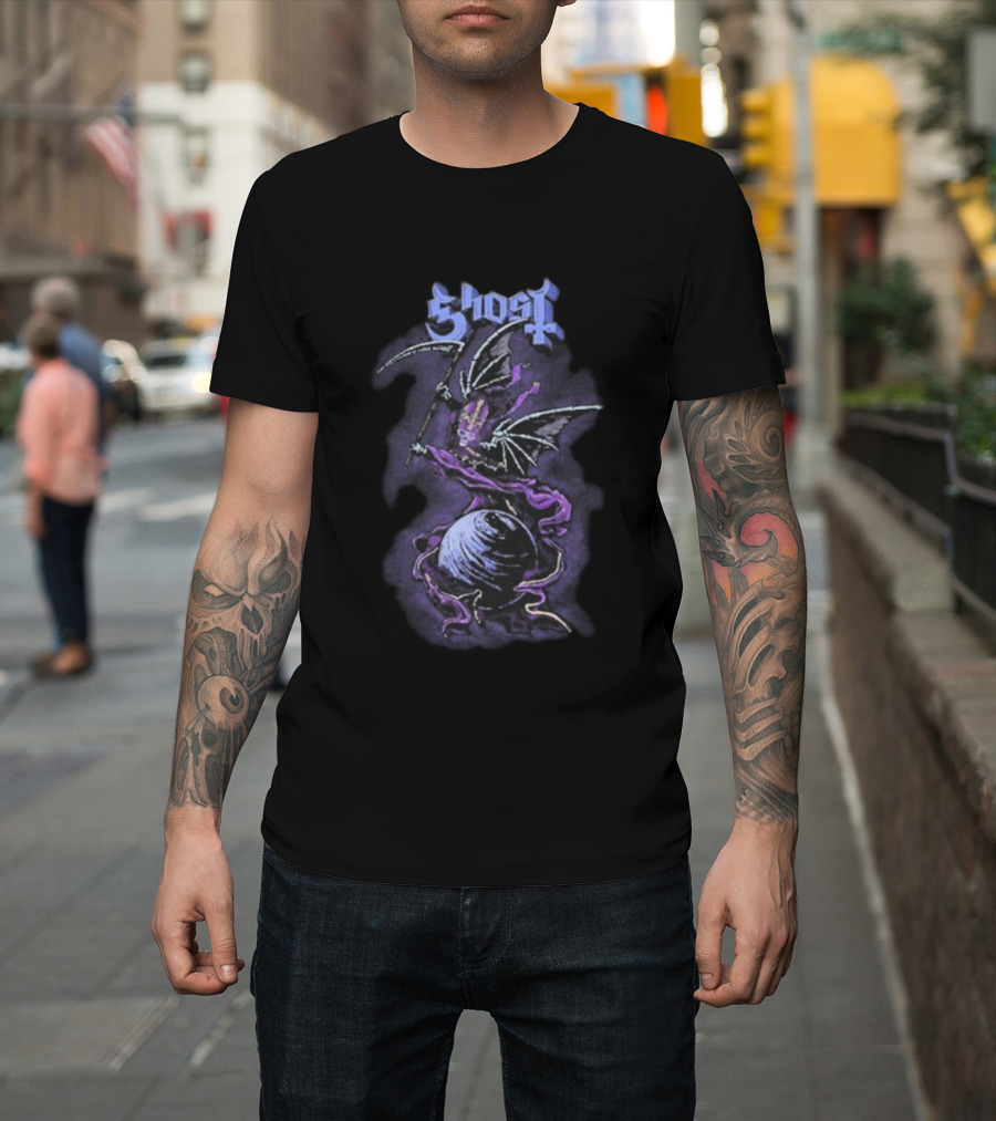 Ghost Papa V Perpetua Grim Reaper Purple Bat Wings Earth Scythe T-Shirt