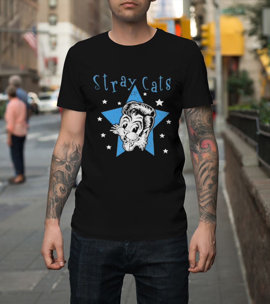 Stray Cats Rockabilly Star Cartoon Face With Blue Star T-Shirt