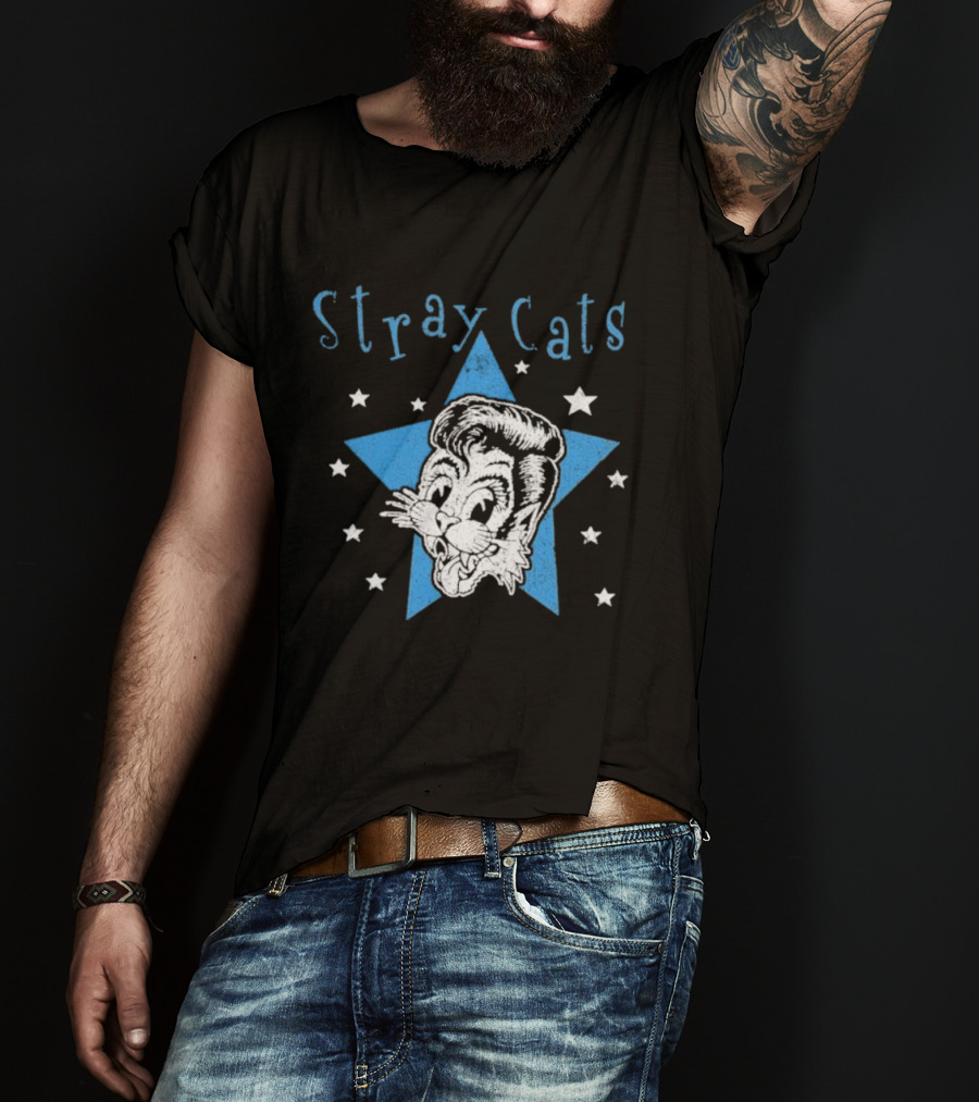 Stray Cats Rockabilly Star Cartoon Face With Blue Star T-Shirt