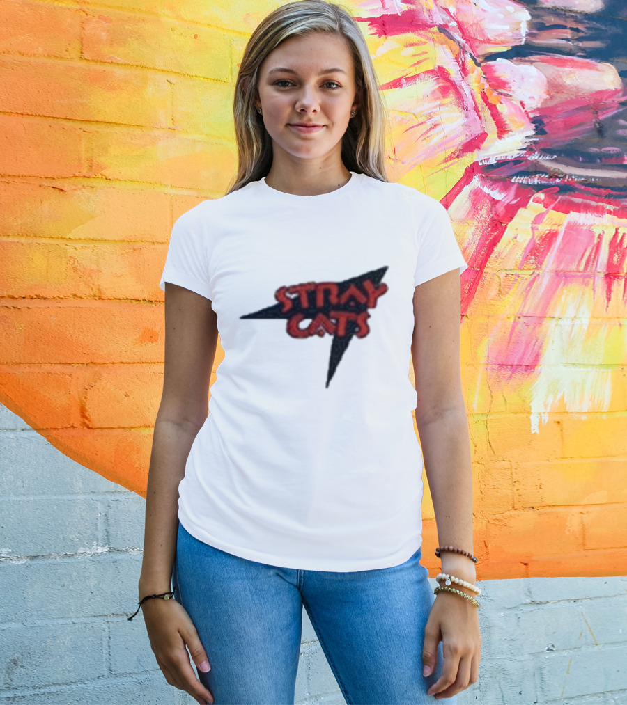 Stray Cats Rockabilly Band Red Text With Black Starburst Background T-Shirt