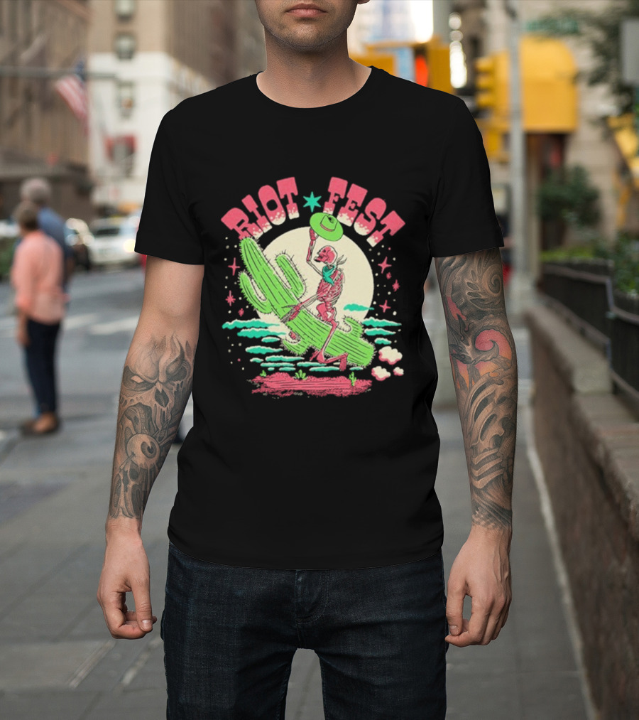 Riot Fest Skeleton Cactus Moon Scene Vintage Style T-Shirt