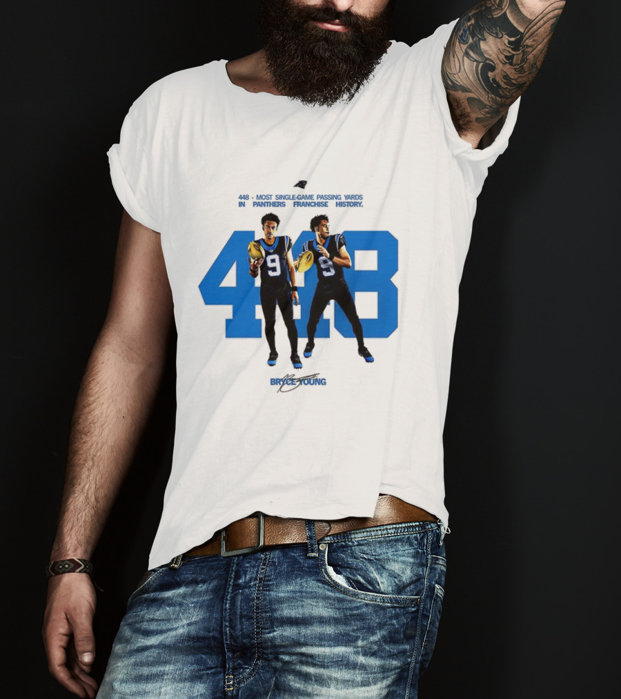 Carolina Panthers Bryce Young 448 Signature Blue Number 9 Football T-Shirt