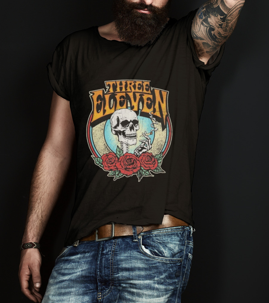 Three Eleven Smoking Skull With Roses Vintage Style T-Shirt
