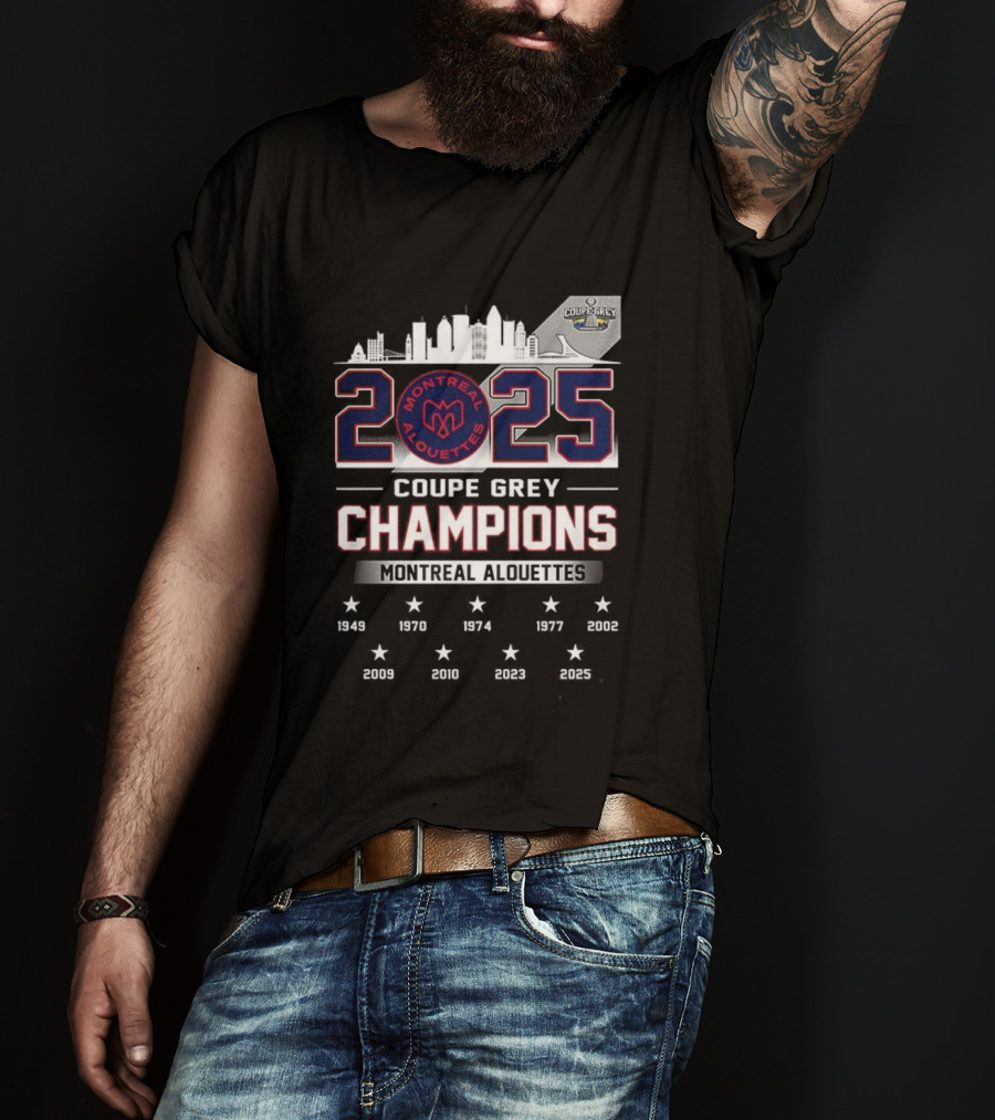 Montreal Alouettes 2025 Coupe Grey Champions City Skyline 1949-2002 T-Shirt