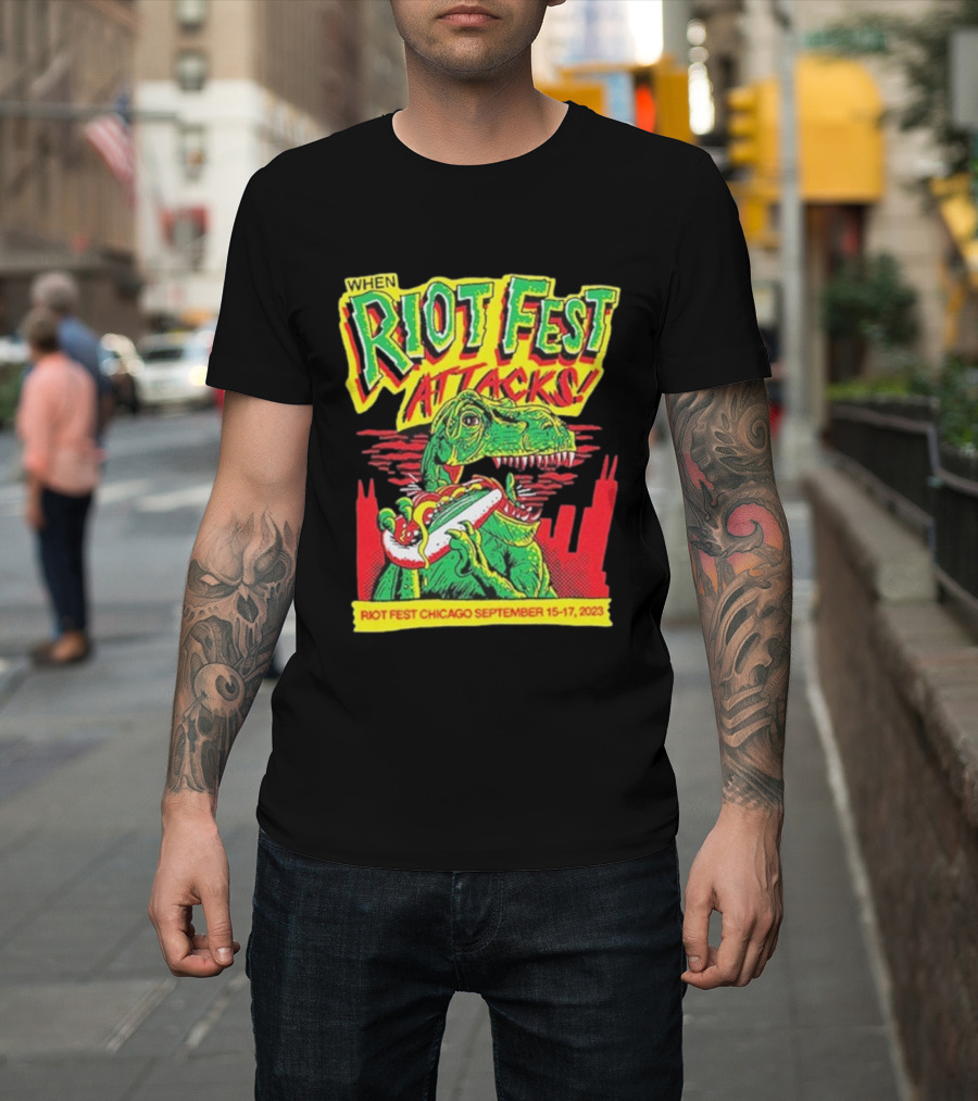When Riot Fest Attacks Chicago September 15-17 2023 Dinosaur Hot Dog Skyline T-Shirt