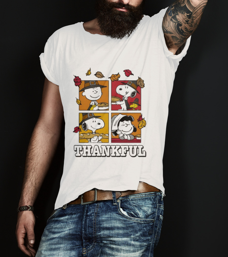 Snoopy Pilgrim Thanksgiving Thankful Leaves And Pie T-Shirt