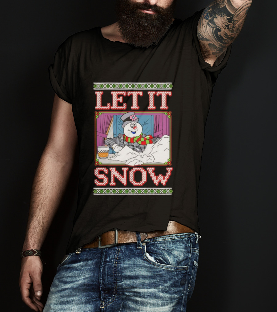 Let It Snow Christmas Snowman With Snow And Drink Scene T-Shirt