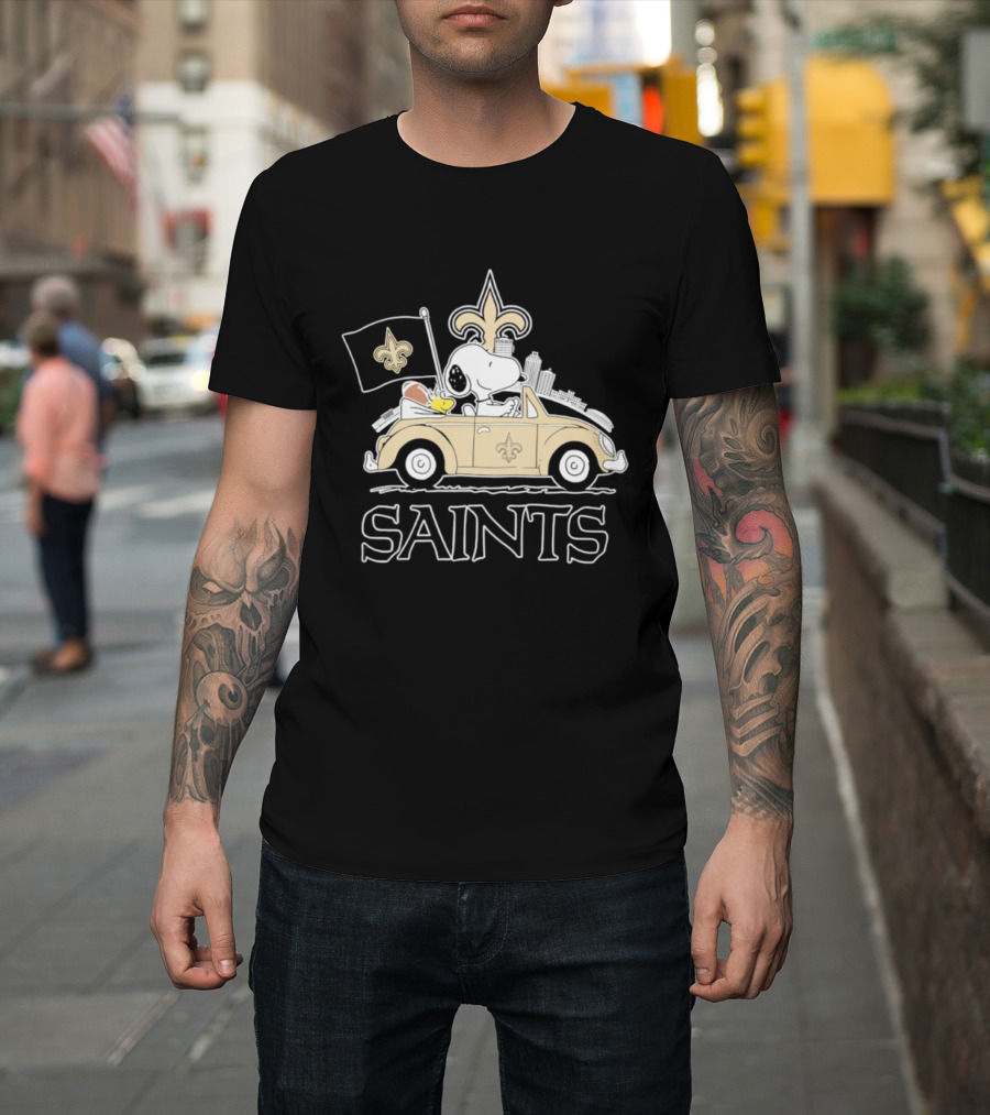New Orleans Saints Snoopy Woodstock Car Driving Football Fan T-Shirt