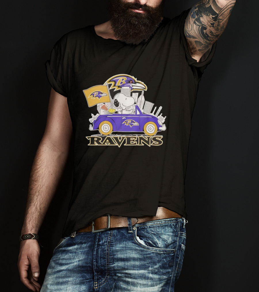 Snoopy Driving Baltimore Ravens Car Peanuts Collaboration With Flag And Raven Logo T-Shirt