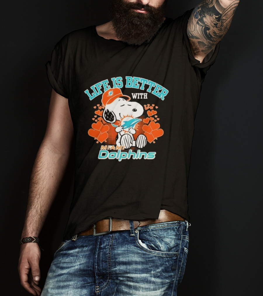 Snoopy Life Is Better With Miami Dolphins Hearts And Cap T-Shirt