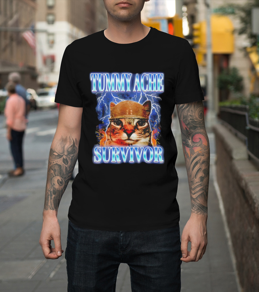 Tummy Ache Survivor Cat Meme Lightning Background T-Shirt