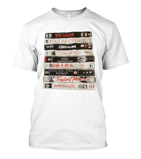 Die Hard Scrooged Gremlins Wonderful Life Christmas Vacation Lethal Weapon Batman Trading Places Home Alone VHS Stack T-Shirt