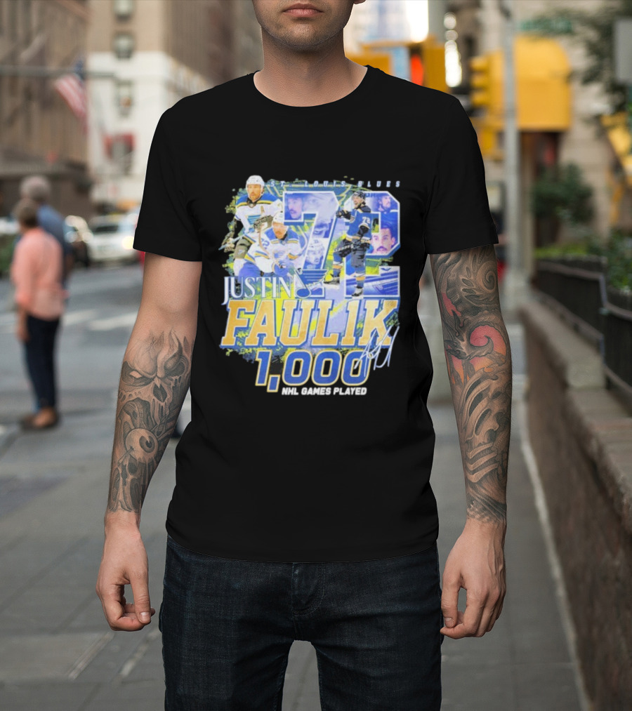 St. Louis Blues Justin Faulk 72 1000 NHL Games Played Signature T-Shirt