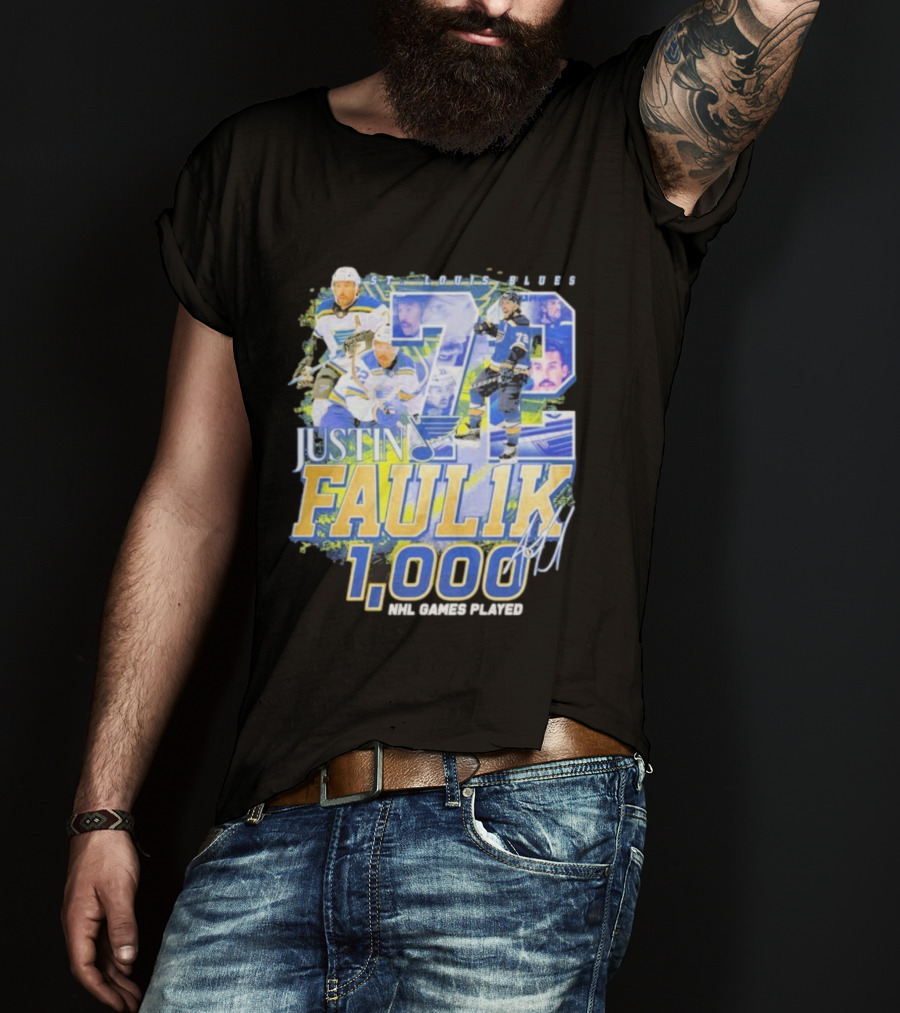 St. Louis Blues Justin Faulk 72 1000 NHL Games Played Signature T-Shirt