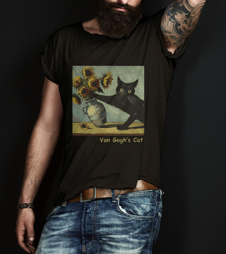 Van Gogh's Cat Sunflowers Funny Art Parody Cat Hugging Vase Painting T-Shirt