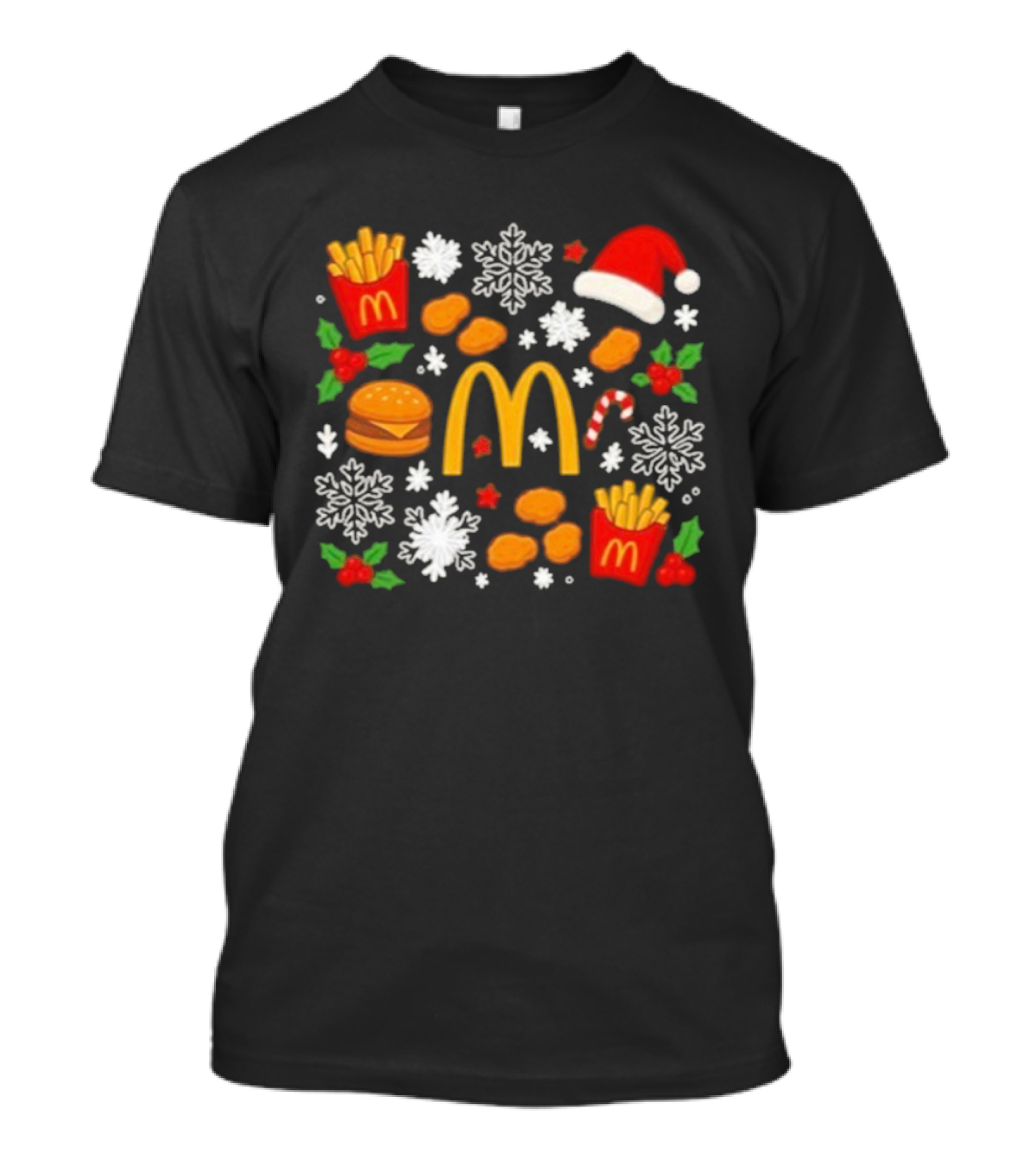 McDonald's Holiday Merry Christmas Fries Nuggets Snowflakes Candy Cane Santa Hat T-Shirt