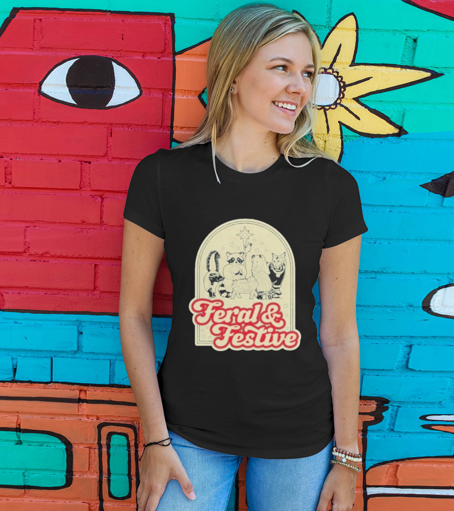 Feral And Festive Animal Nativity Scene Christmas Humor Raccoon Cat Skunk Ensemble T-Shirt