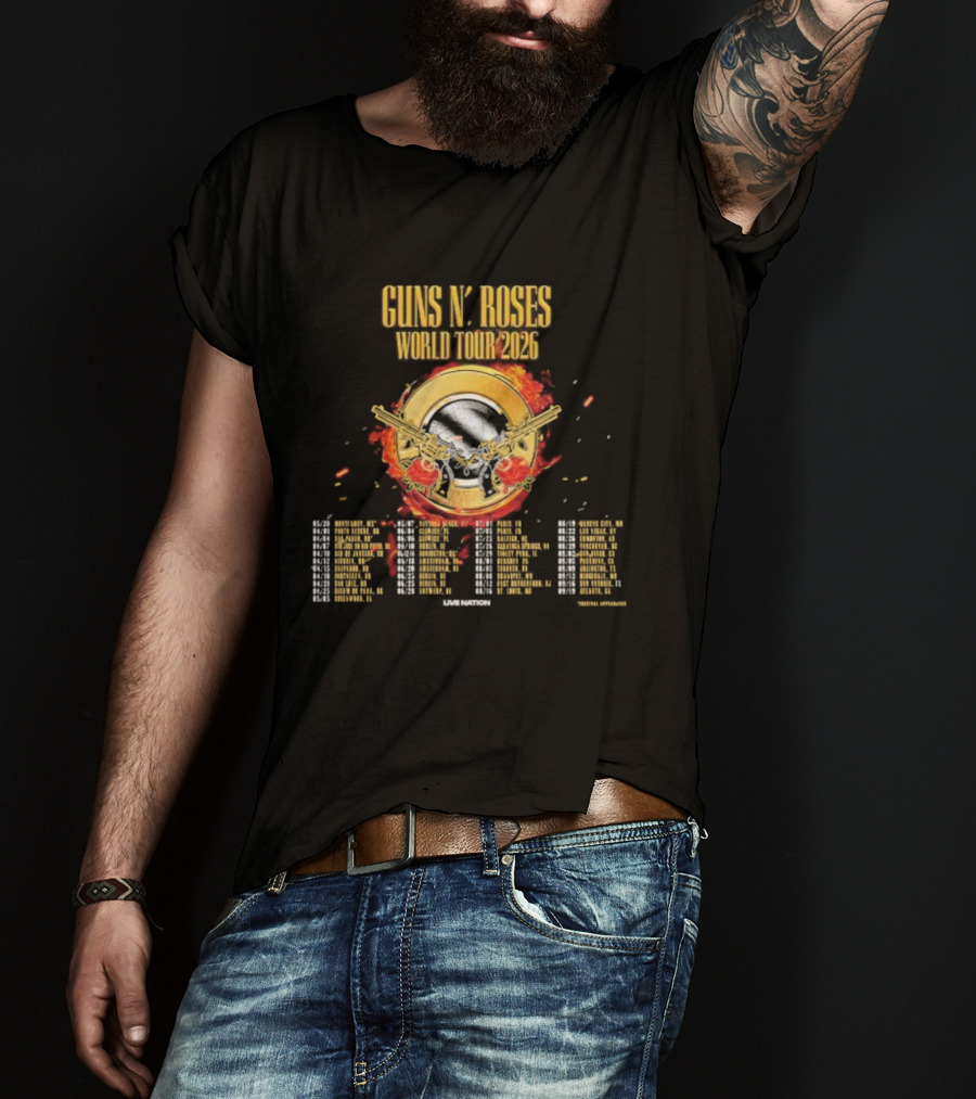 Guns N Roses World Tour 2026 Dates Skull And Pistols Flame Logo T-Shirt