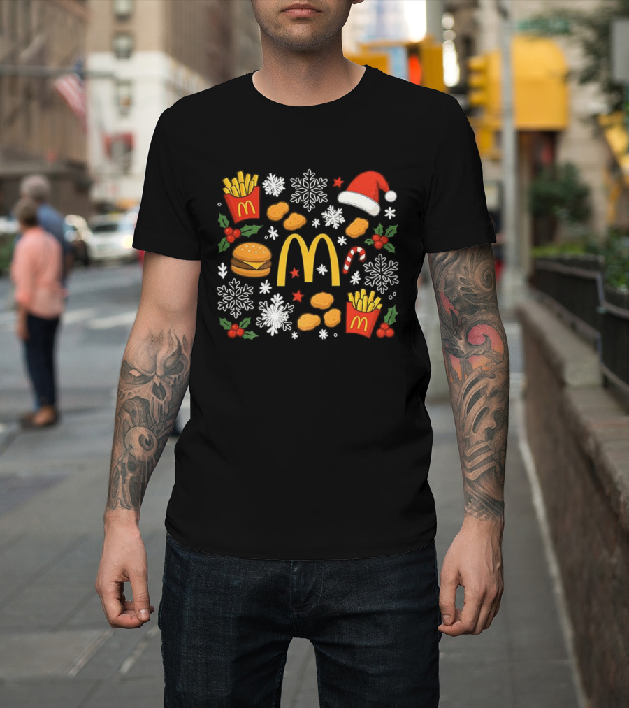 McDonald’s French Fries Chicken Nuggets Burgers Christmas Santa Hat Snowflakes Candy Cane T-Shirt