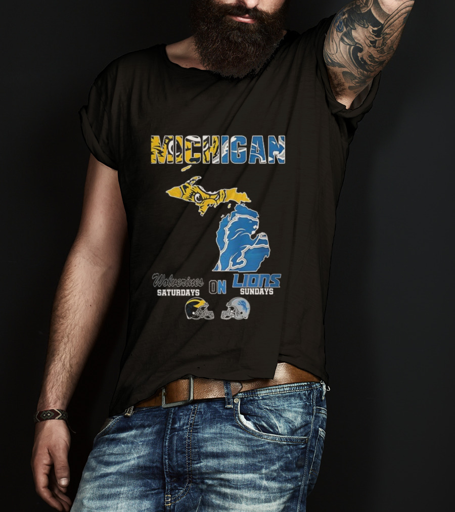 Michigan Wolverines Saturdays Detroit Lions Sundays Map T-Shirt