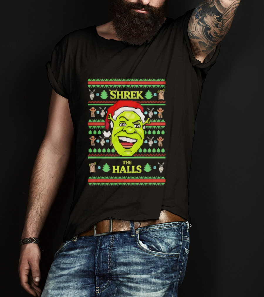 Shrek The Halls Christmas Ugly Sweater Design With Donkey And Santa Hat T-Shirt