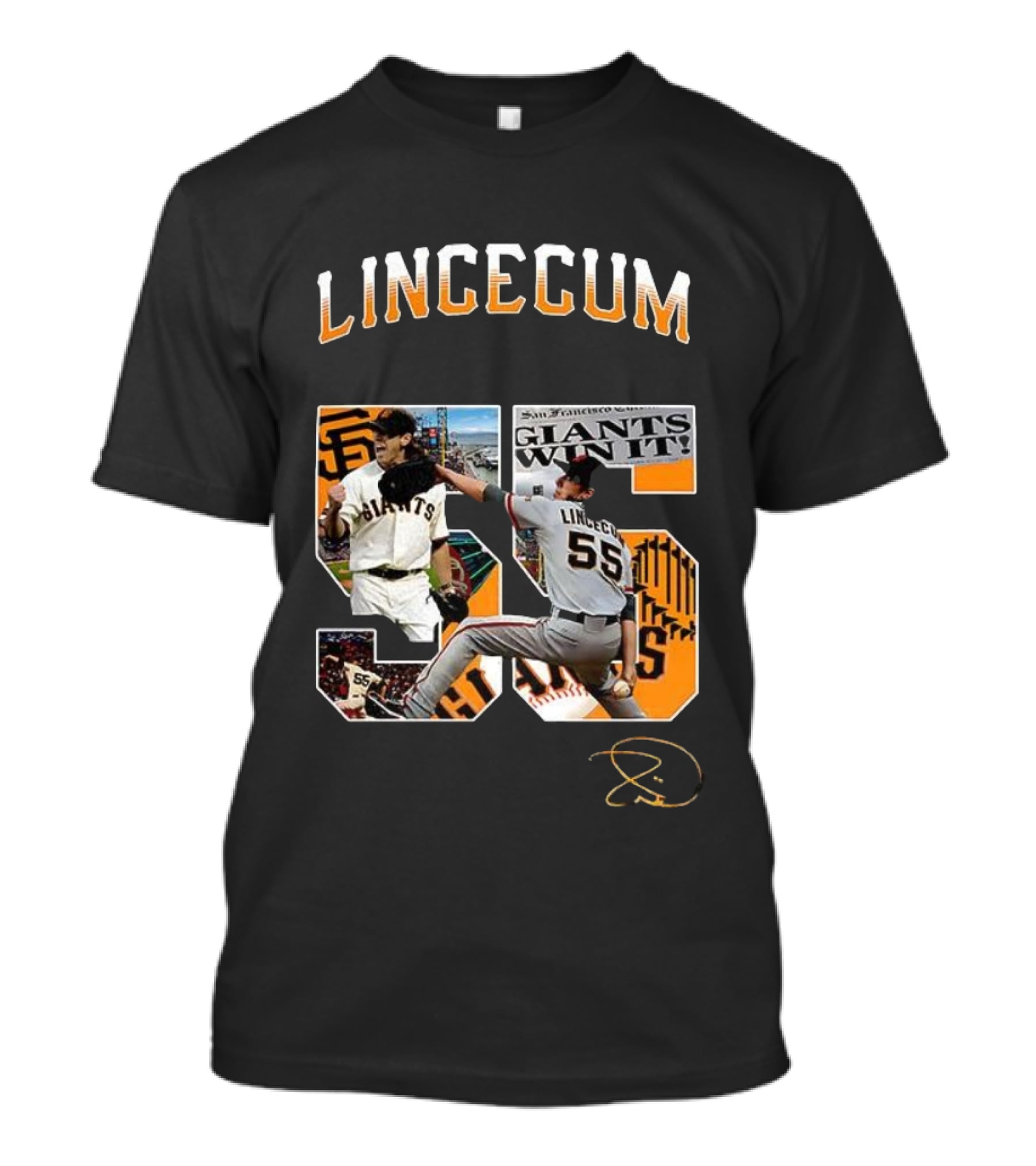 Lincecum Giants Number 55 Giants Win Orange Black Signature T-Shirt