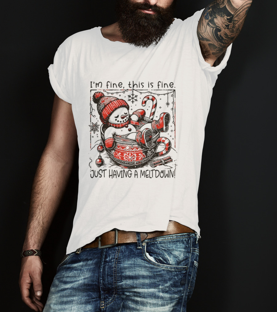 Snowman Santa Hat I'm Fine This Is Fine Just Having A Meltdown Merry Christmas T-Shirt