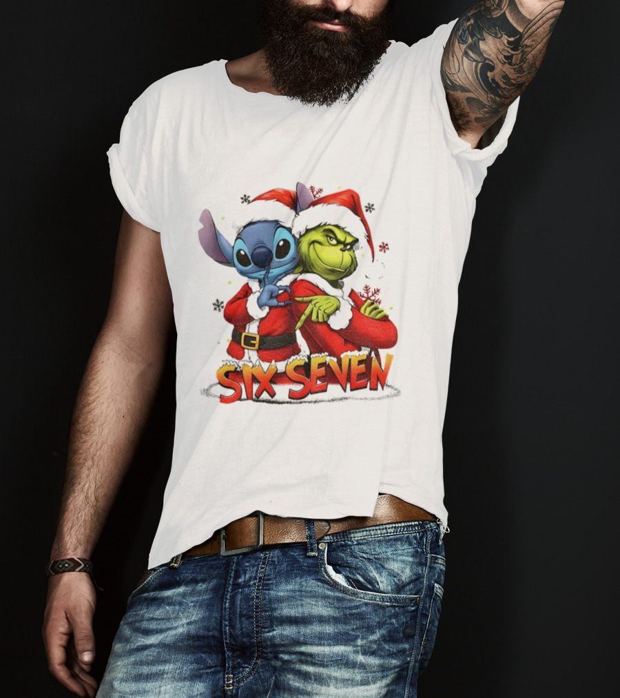 Stitch Grinch Santa Hat Six Seven Christmas Meme T-Shirt