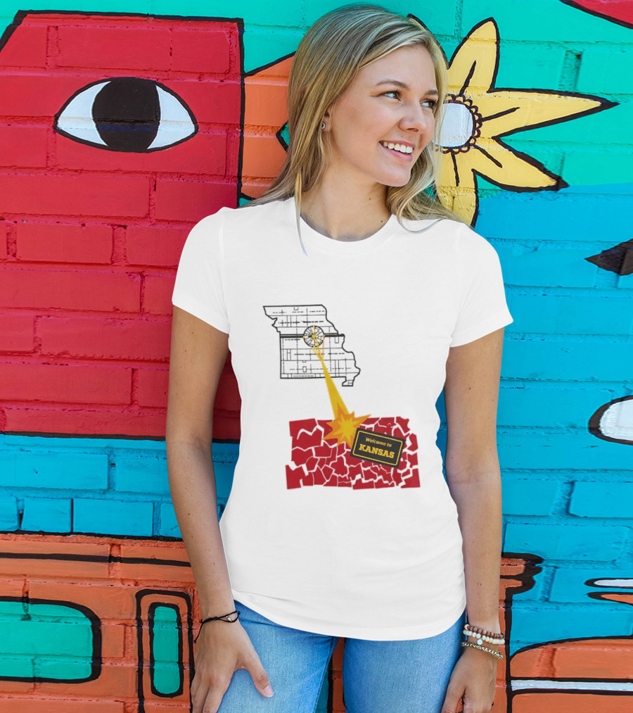 Missouri Map Blast Welcome To Kansas Sign Explosion T-Shirt