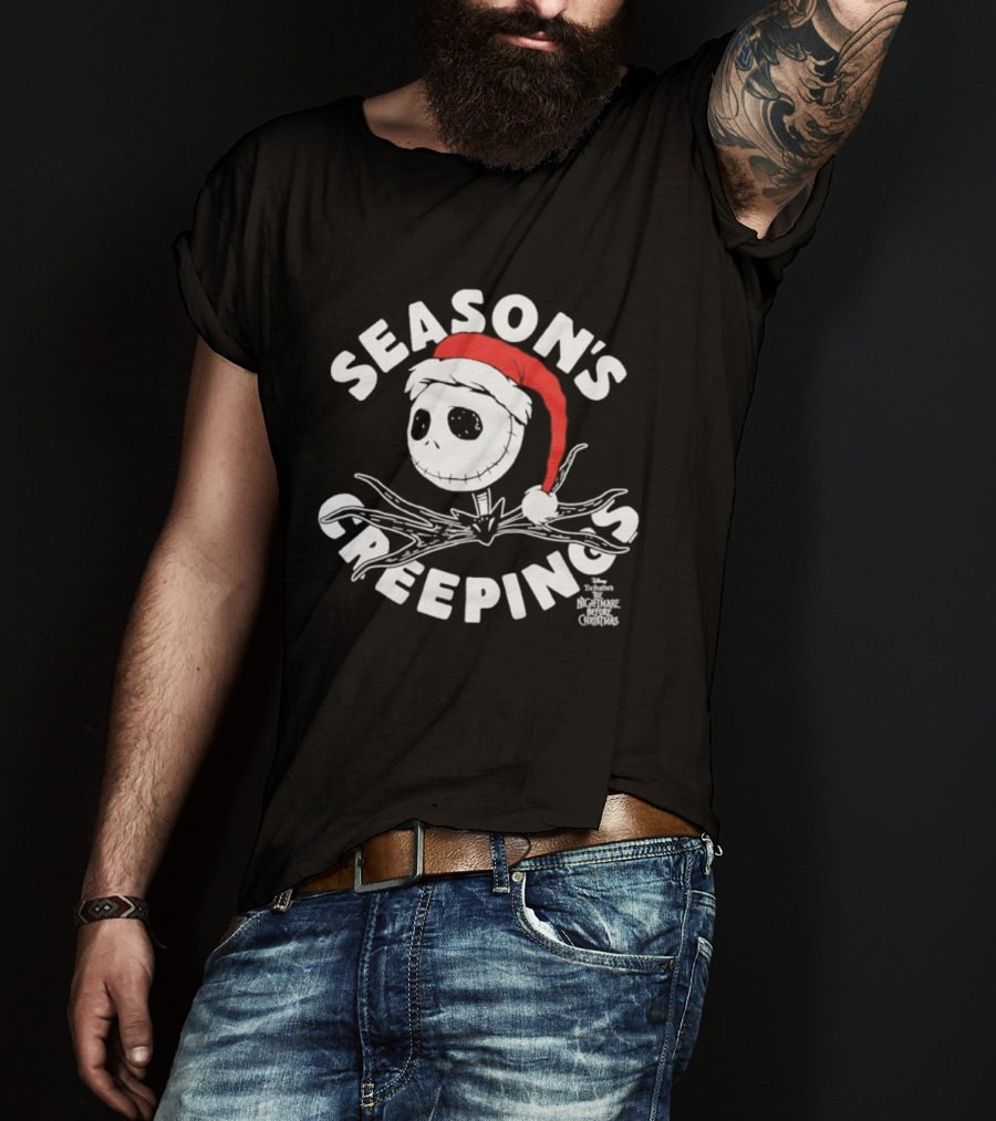 Season's Creepings Jack Skellington Santa Hat Christmas T-Shirt
